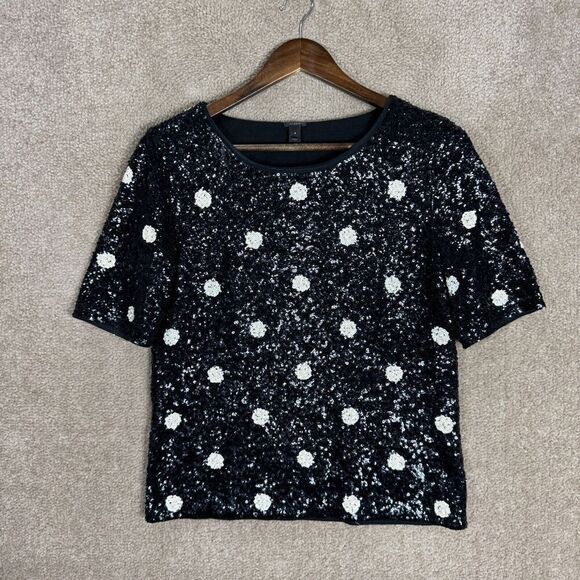 J Crew Shirt Top Womens Small S Black/White Sequins Polka Dot Short Sleeve Party - Picture 1 of 10